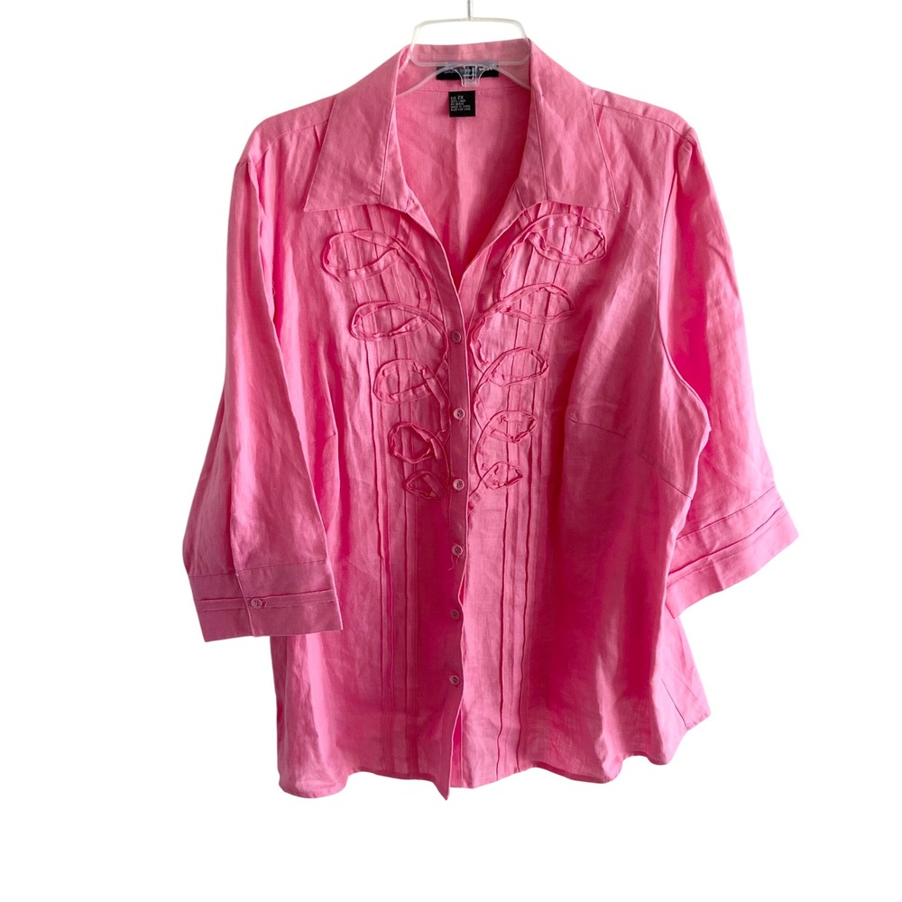 Saint Tropez West Pink 100% Linen Embroidered Button Up Shirt 2X Plus Size